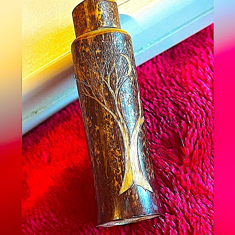 Stash Container hand carved wood vtg ethnic artisan small W/Shell top No flaw